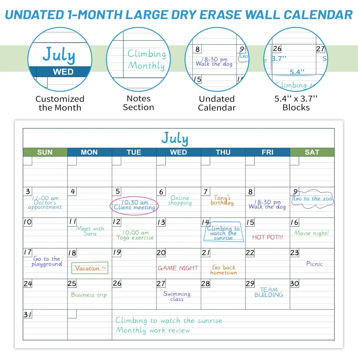 BooQool Large Undated Dry Erase Calendar 40" x 28" | Reusable Laminated Wall Planner - view 3