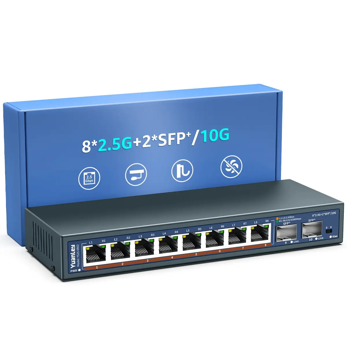 YuanLey 10 Port 2.5G Ethernet Switch | 8x2.5G +2x10G SFP, Fanless, Desktop/Wall Mount - main product image