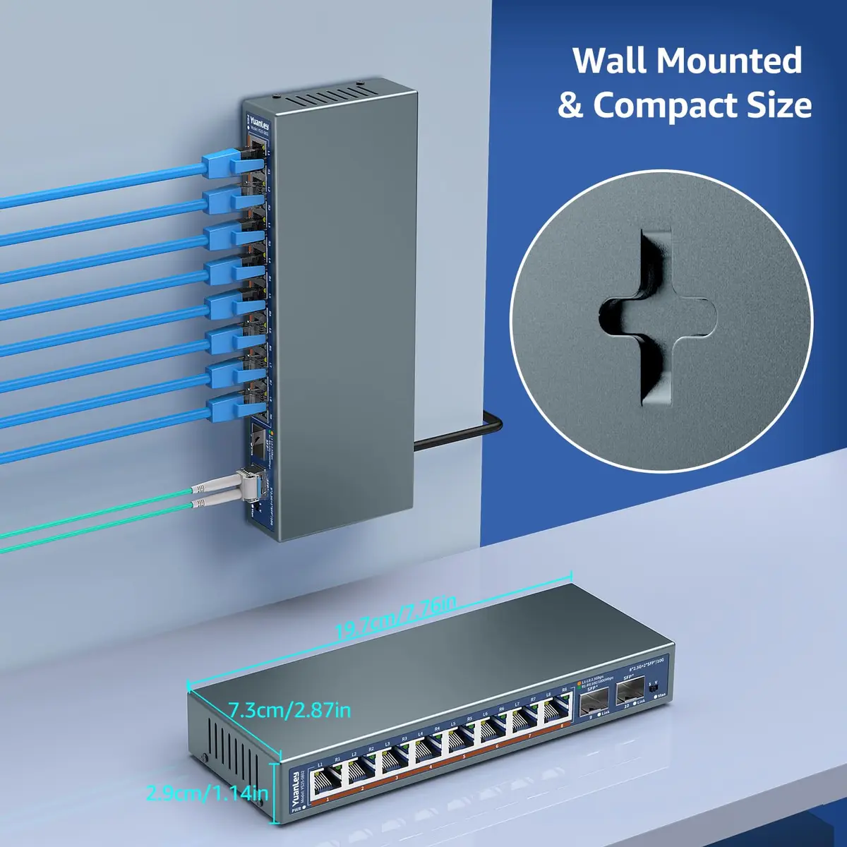 YuanLey 10 Port 2.5G Ethernet Switch | 8x2.5G +2x10G SFP, Fanless, Desktop/Wall Mount - view 5