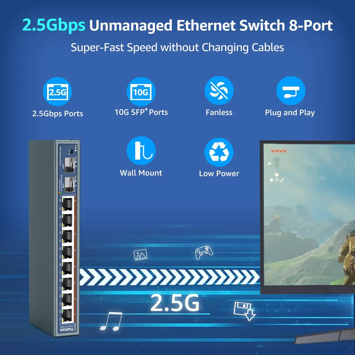 YuanLey 10 Port 2.5G Ethernet Switch | 8x2.5G +2x10G SFP, Fanless, Desktop/Wall Mount - view 2