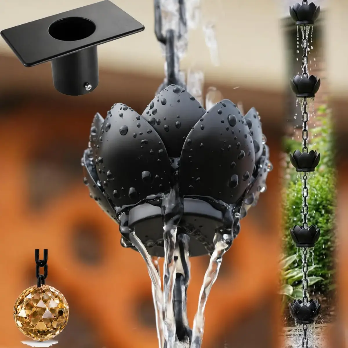 Wellrain Black Lotus Rain Chain 2 Pack 2.6m (8.5 FT) | Decorative Gutter Downspout Replacement with Crystal Pendant - main product image