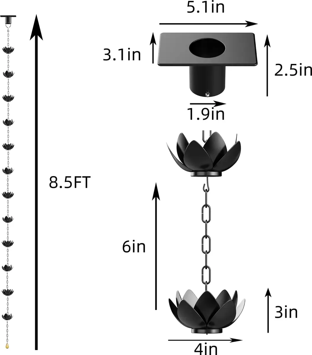 Wellrain Black Lotus Rain Chain 2 Pack 2.6m (8.5 FT) | Decorative Gutter Downspout Replacement with Crystal Pendant - view 2