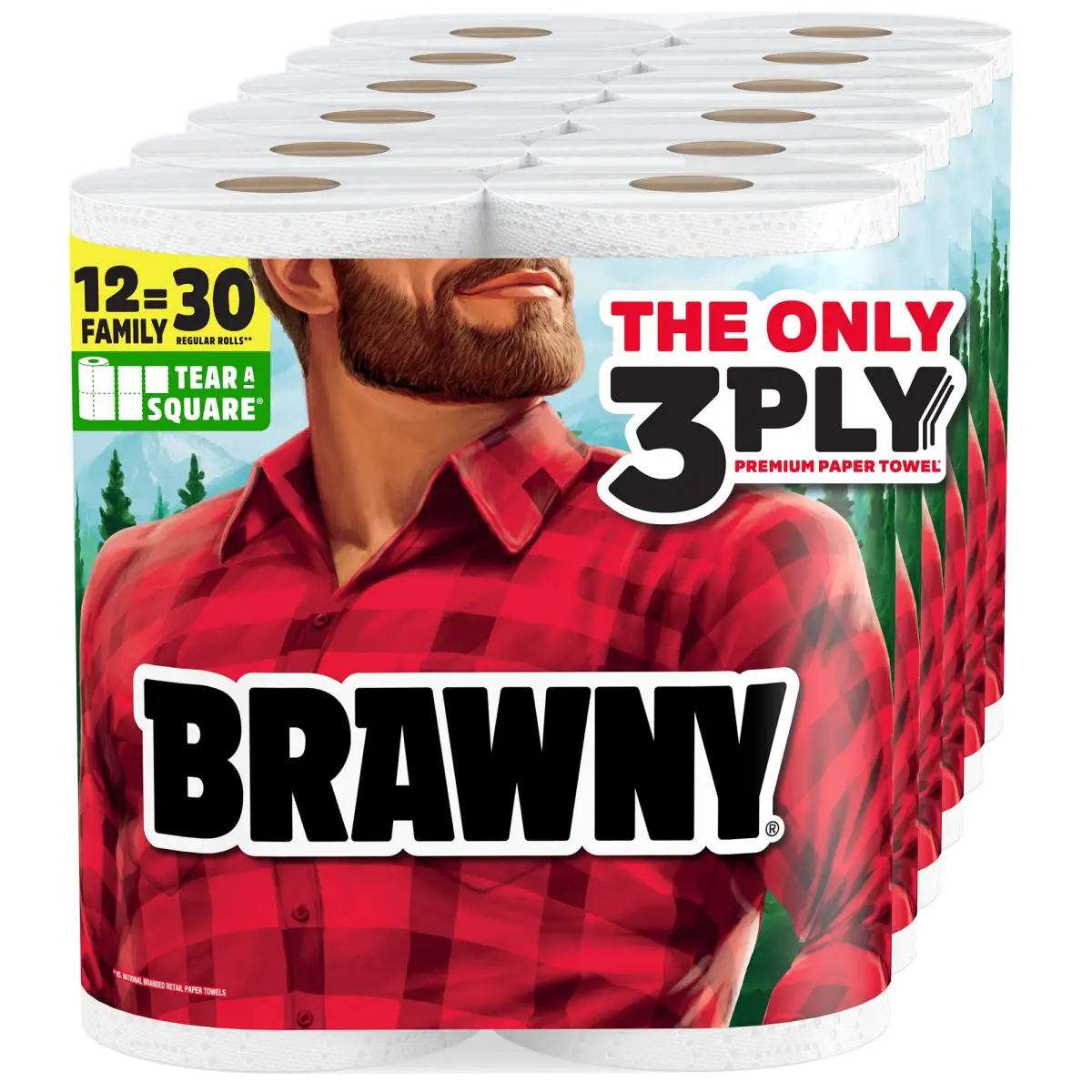 Brawny Tear-A-Square 3-Ply Paper Towels, 12 XL Family Rolls (1200 Sheets Total) | Strong, Absorbent, Durable - main product image