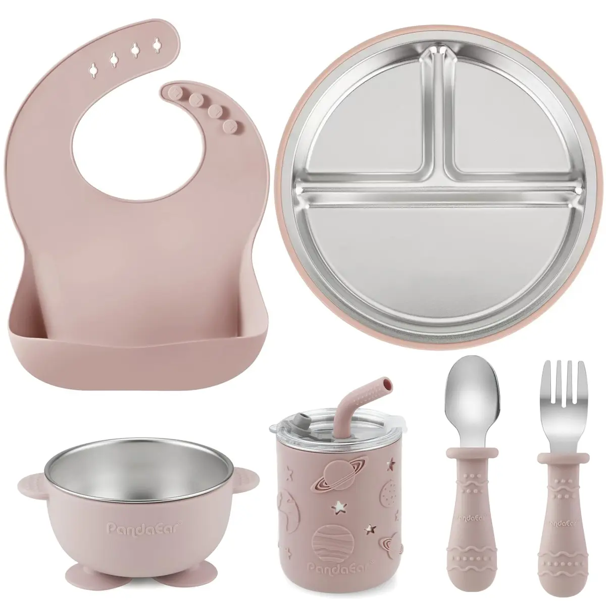 PandaEar 6-in-1 Stainless Steel Baby Feeding Set | Divided Suction Plate, Bowl, Sippy Cup with Straw, Bib, Spoon & Fork | BPA-Free Toddler Feeding Essentials for Self-Feeding (Pink) - main product image