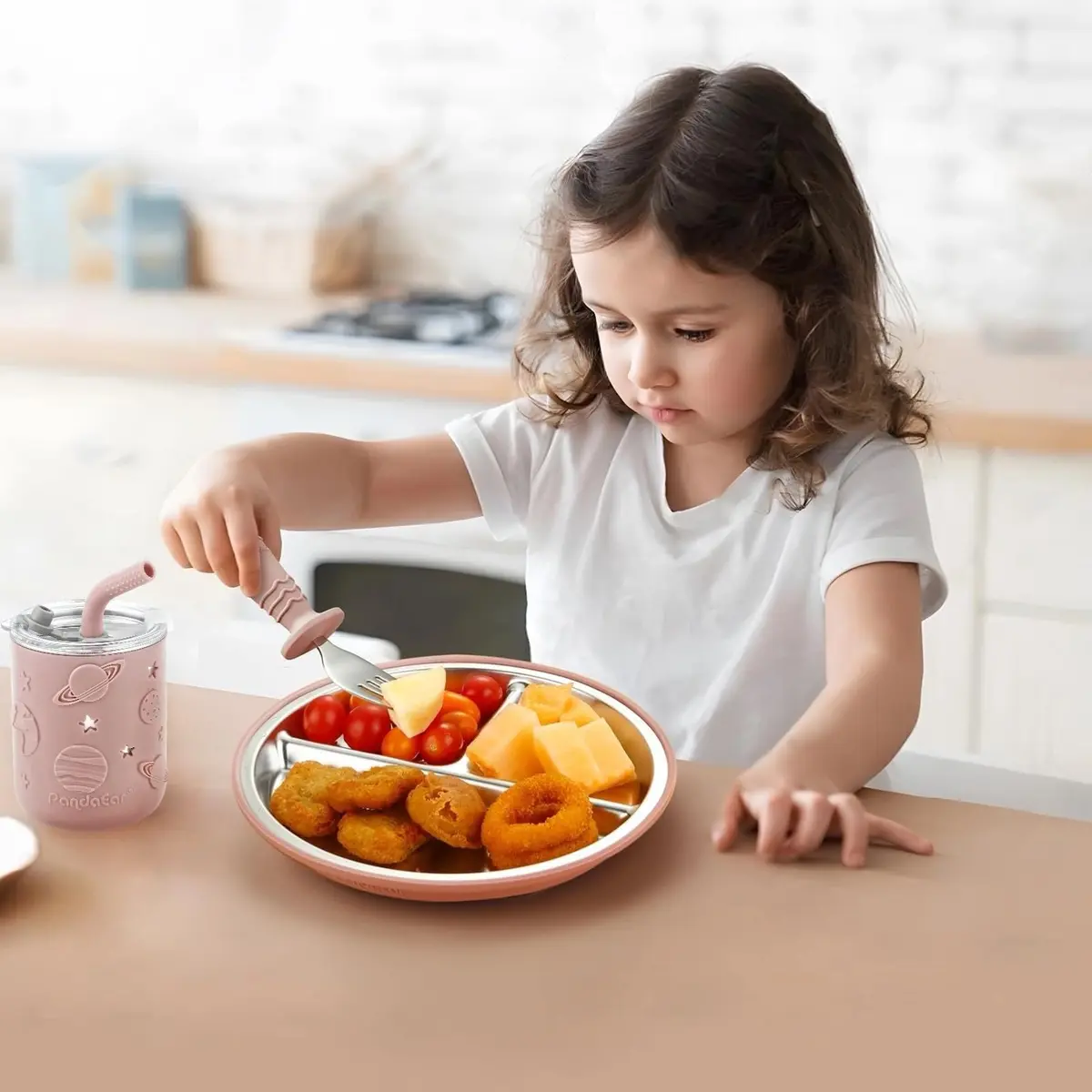 PandaEar 6-in-1 Stainless Steel Baby Feeding Set | Divided Suction Plate, Bowl, Sippy Cup with Straw, Bib, Spoon & Fork | BPA-Free Toddler Feeding Essentials for Self-Feeding (Pink) - view 2