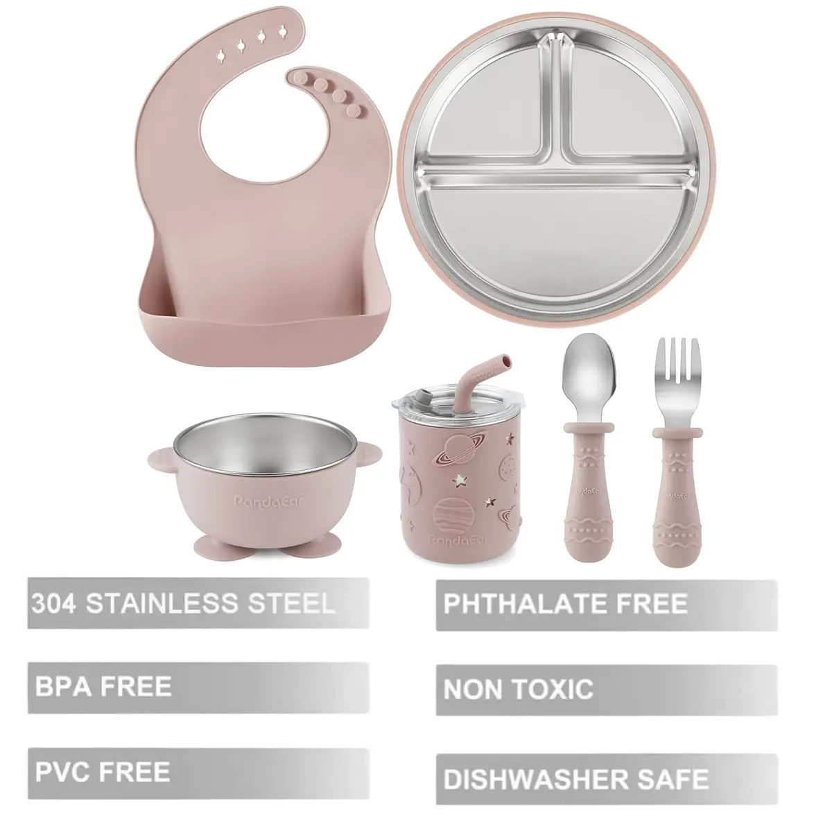 PandaEar 6-in-1 Stainless Steel Baby Feeding Set | Divided Suction Plate, Bowl, Sippy Cup with Straw, Bib, Spoon & Fork | BPA-Free Toddler Feeding Essentials for Self-Feeding (Pink) - view 3