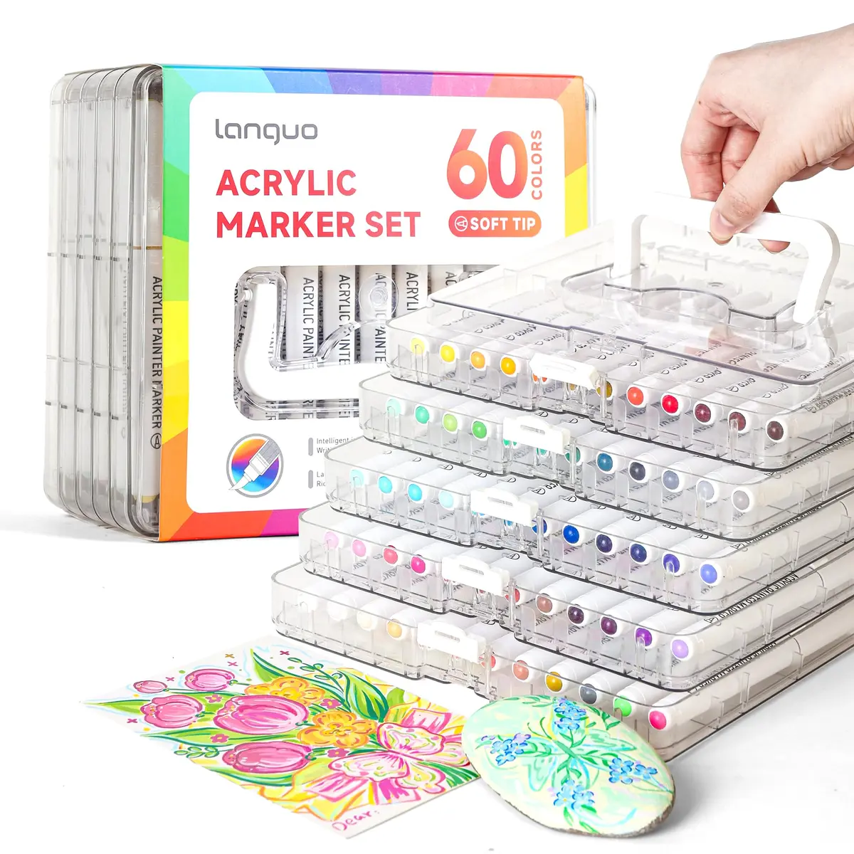 languo 60 Colors Acrylic Paint Markers, Brush Tip, Direct Liquid Ink | Water-Based, 1-5mm Lines, Waterproof - view 7