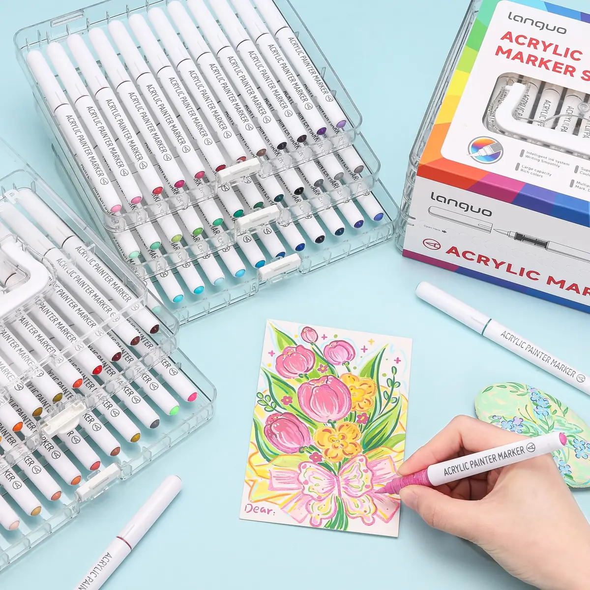 languo 60 Colors Acrylic Paint Markers, Brush Tip, Direct Liquid Ink | Water-Based, 1-5mm Lines, Waterproof - view 3