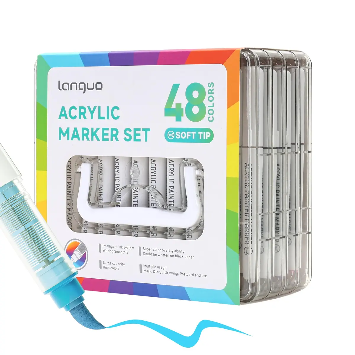 languo 48 Colors Acrylic Paint Markers, Brush Tip, Direct Liquid Ink | Water-Based, Waterproof, 1-5mm Lines - main product image