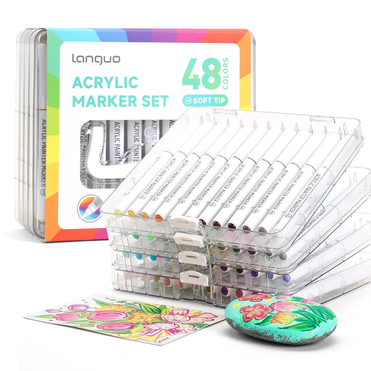 languo 48 Colors Acrylic Paint Markers, Brush Tip, Direct Liquid Ink | Water-Based, Waterproof, 1-5mm Lines - view 7