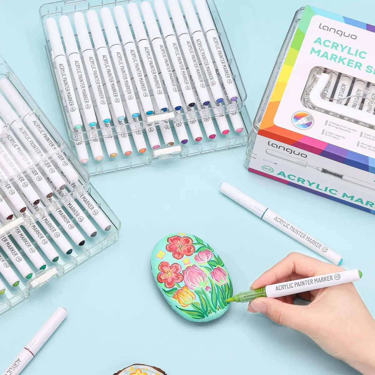 languo 48 Colors Acrylic Paint Markers, Brush Tip, Direct Liquid Ink | Water-Based, Waterproof, 1-5mm Lines - view 3