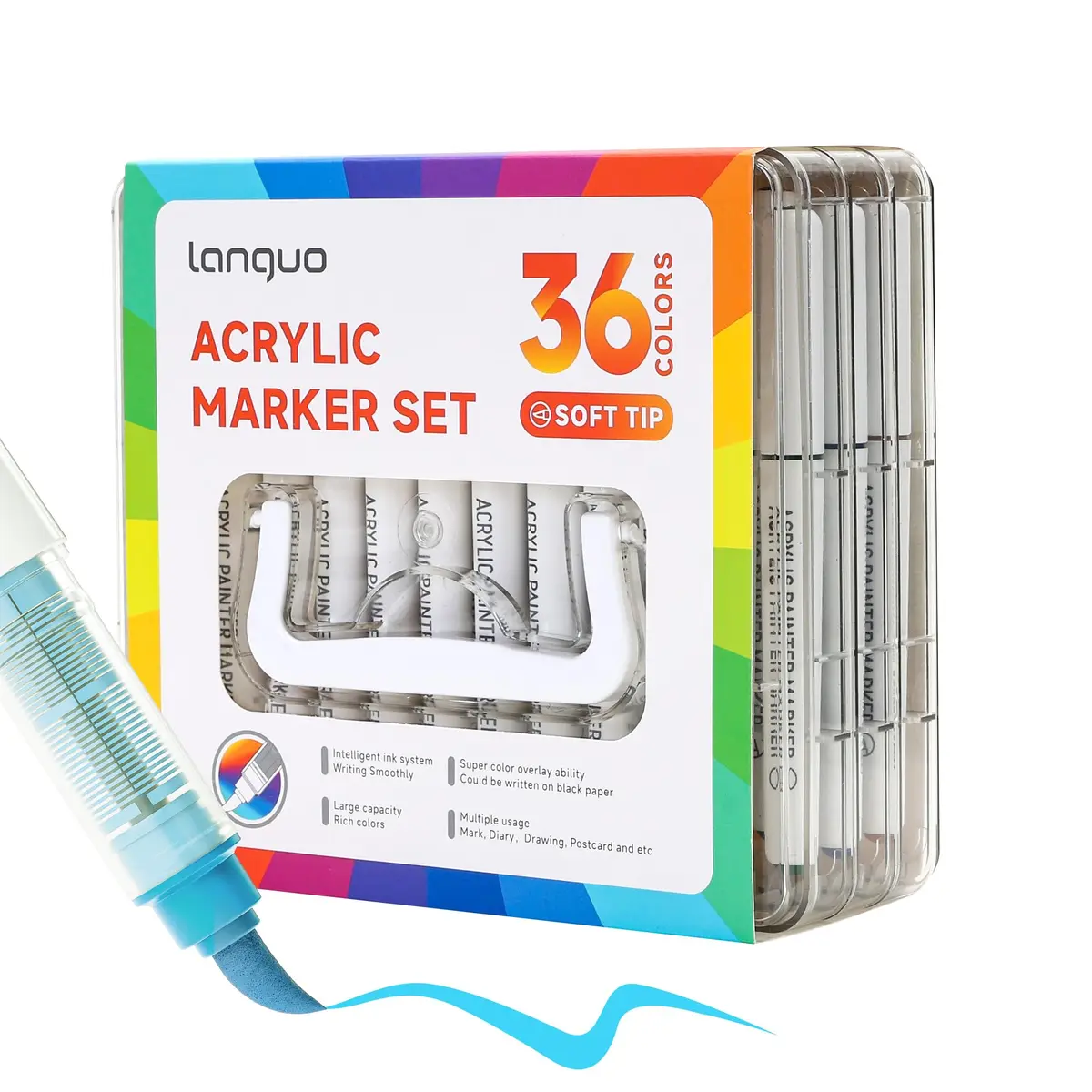 languo 36 Colors Acrylic Paint Markers, Brush Tip, Direct Liquid Ink | Water-Based, Fast-Drying, Waterproof, Ideal for Art & DIY - main product image