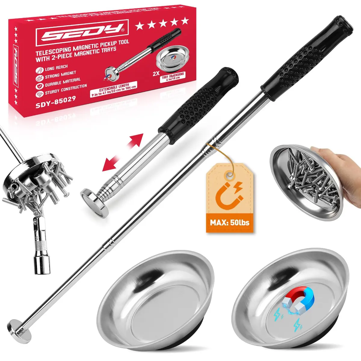 SEDY Telescoping Magnetic Pickup Tool 3 Pack with Parts Tray, 41in Extendable Magnet Stick, 50lb Pull Force | Workshop & Garage Essentials - main product image