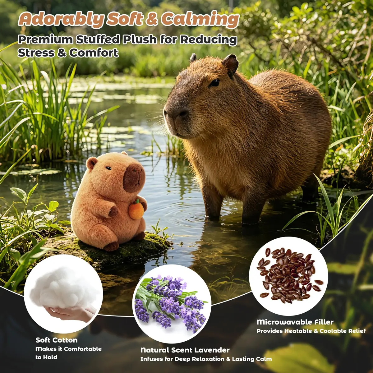 Bobbie & Laxi Capybara with Orange Plushie Weighted Stuffed Animal 25cm (9.1in) | Heat & Cold Therapy with Aromatherapy - view 2