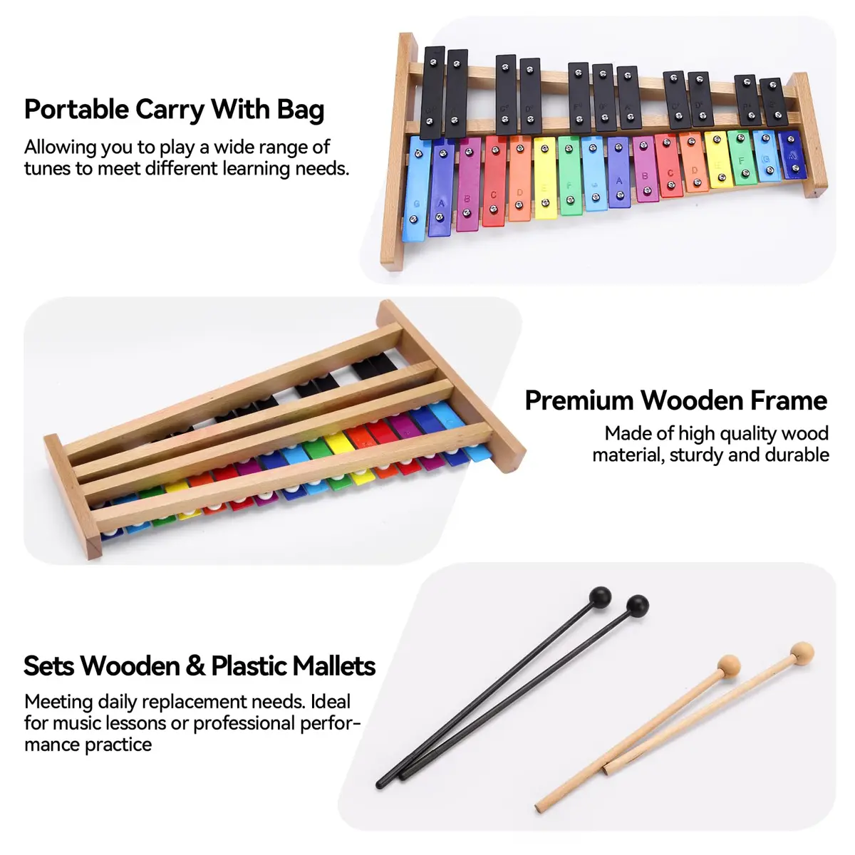 Heuyrao 27 Note Foldable Glockenspiel Xylophone, Colorful | High-Grade Aluminum Tone Bars & Solid Wood Base - view 5