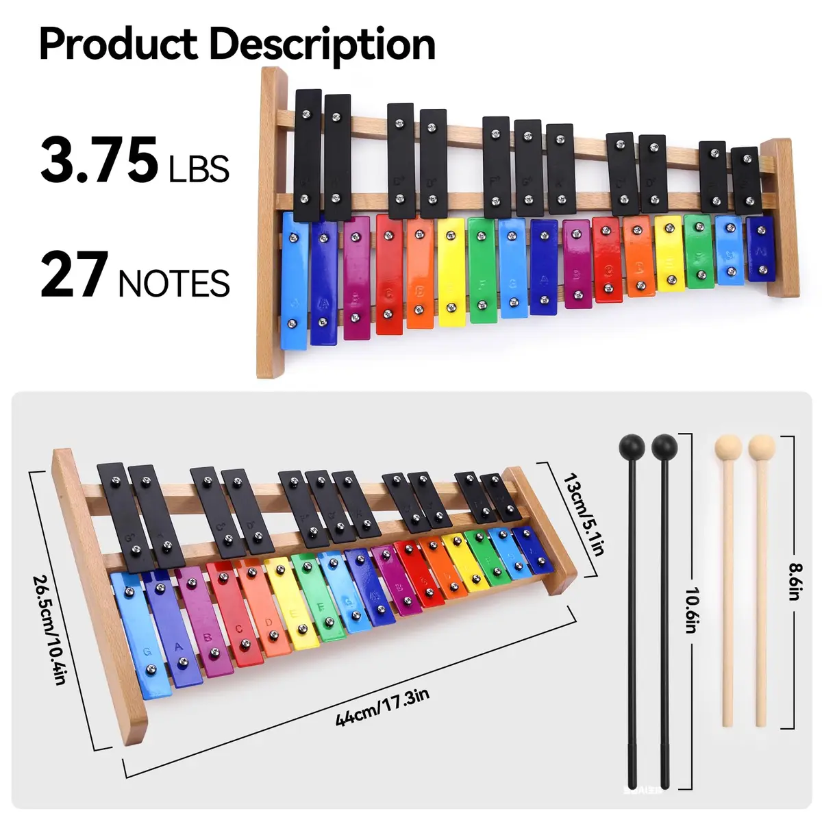 Heuyrao 27 Note Foldable Glockenspiel Xylophone, Colorful | High-Grade Aluminum Tone Bars & Solid Wood Base - view 2