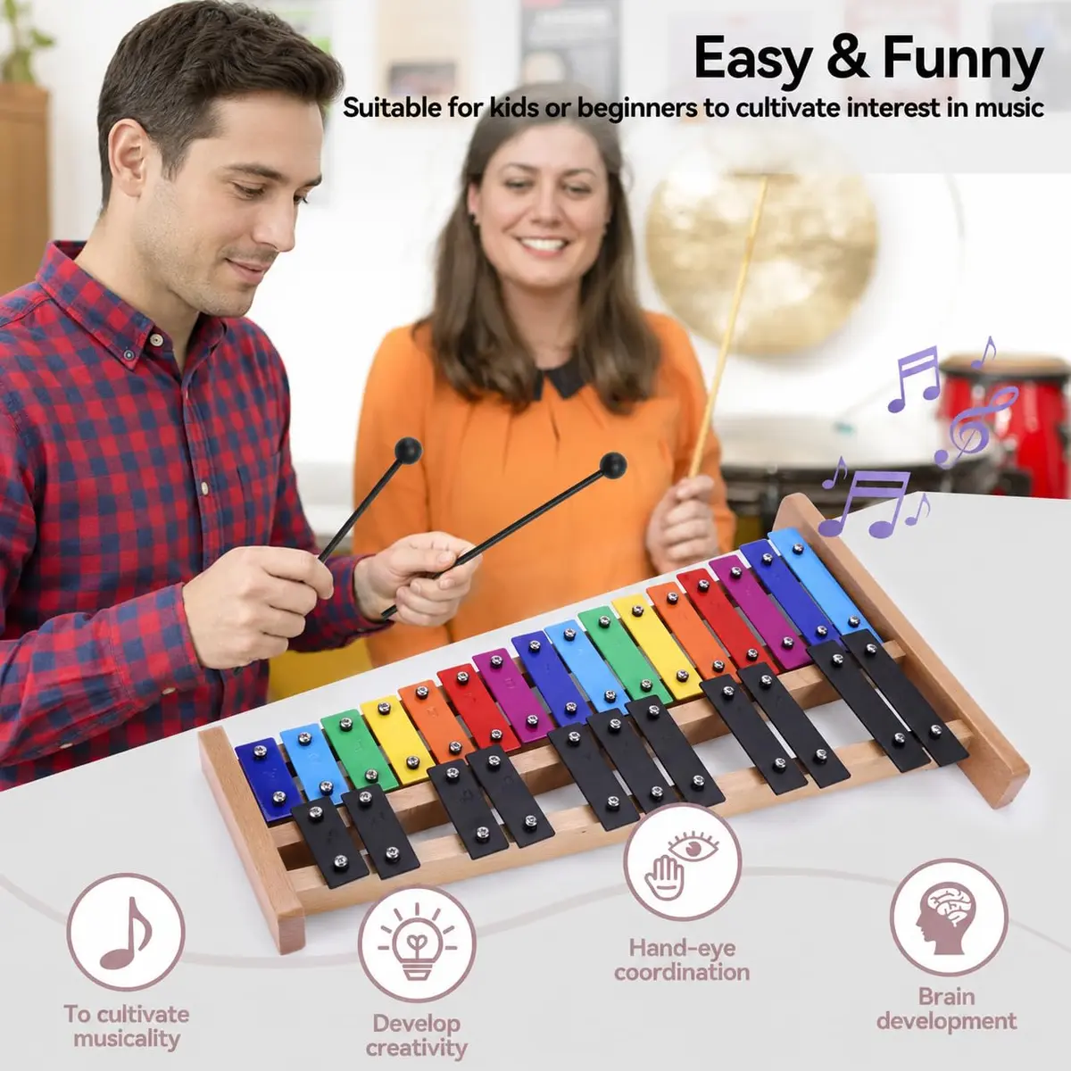 Heuyrao 27 Note Foldable Glockenspiel Xylophone, Colorful | High-Grade Aluminum Tone Bars & Solid Wood Base - view 3