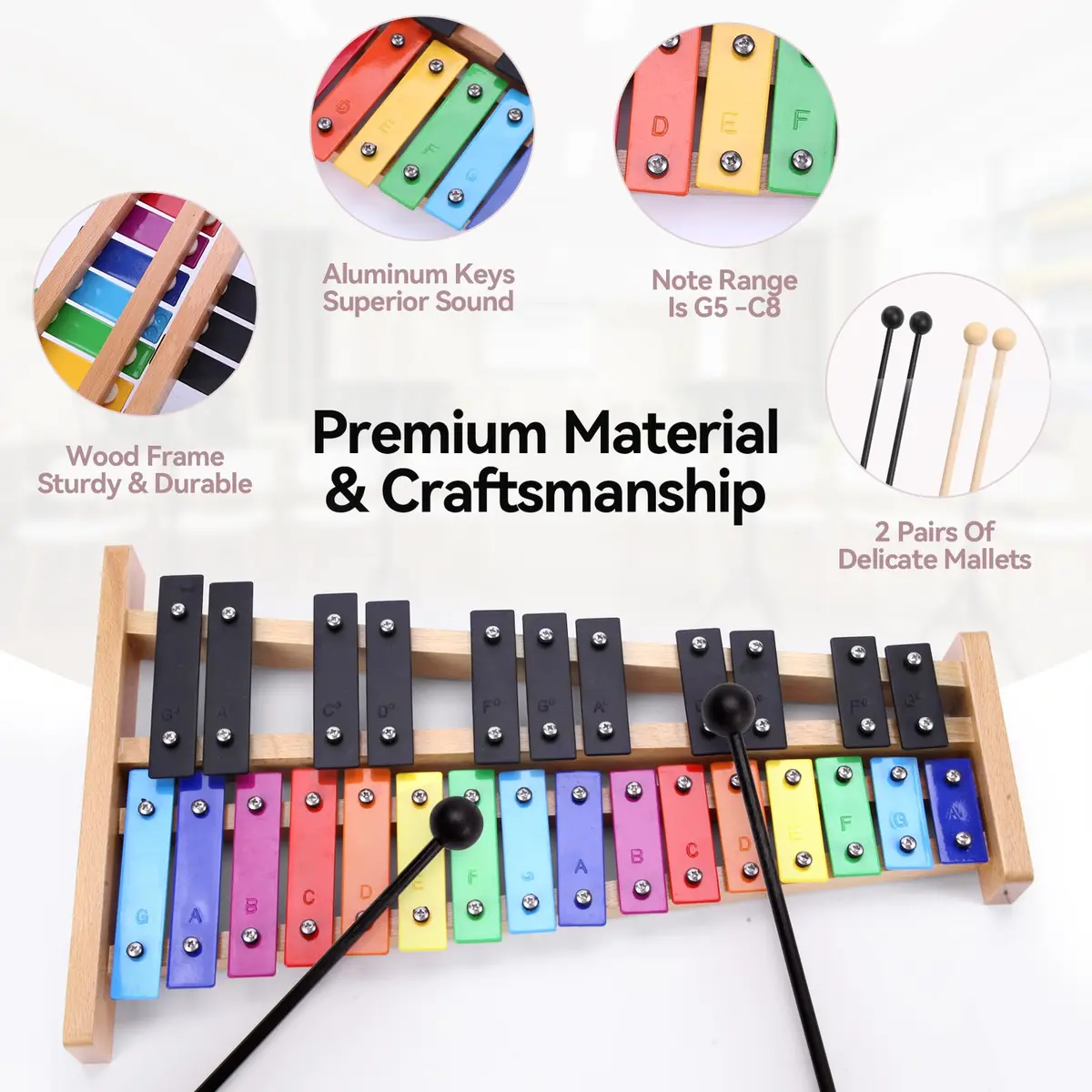 Heuyrao 27 Note Foldable Glockenspiel Xylophone, Colorful | High-Grade Aluminum Tone Bars & Solid Wood Base - view 4