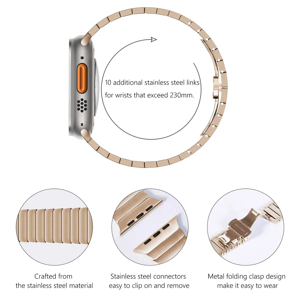 NewWays Metal Link Bracelet Band for Apple Watch Ultra 49mm, Series 9/8/7 45mm, 6/5/4 44mm, SE 44mm | Premium Stainless Steel with Gold Finish - view 4
