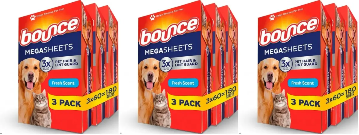 Bounce Pet Hair and Lint Guard Fabric Softener Dryer Sheets | Fresh Scent | 180 Count (Pack of 3) | 3X Pet Hair Fighters - main product image