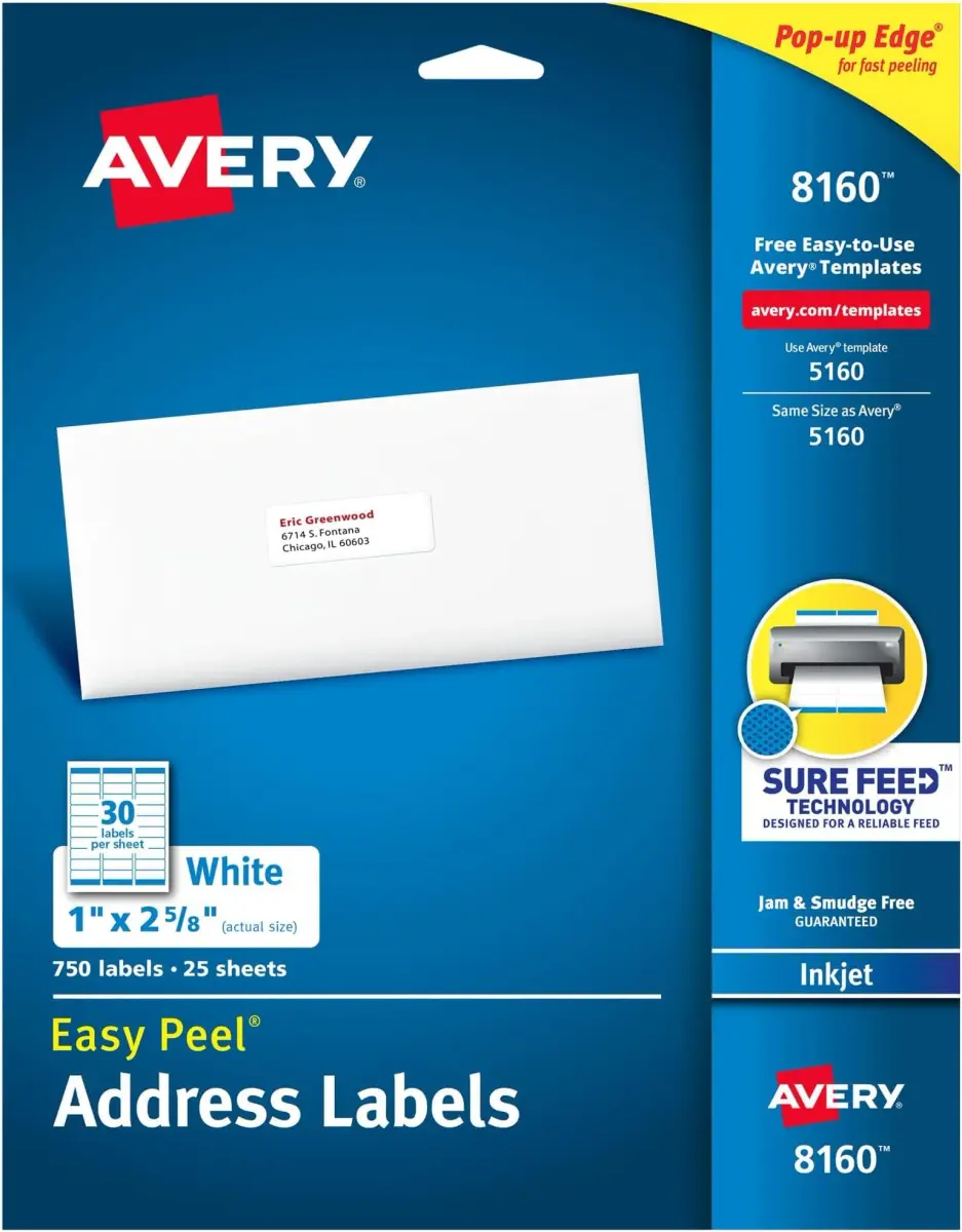 Avery Easy Peel Address Labels 1" x 2-5/8" (Pack of 5, 3750 Labels Total) | Sure Feed Technology for Jam-Free Printing - main product image