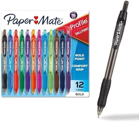 Paper Mate Profile Retractable Ballpoint Pens, Assorted Colors, Bold (1.4mm), 12-Pack | Vivid Ink - main product image