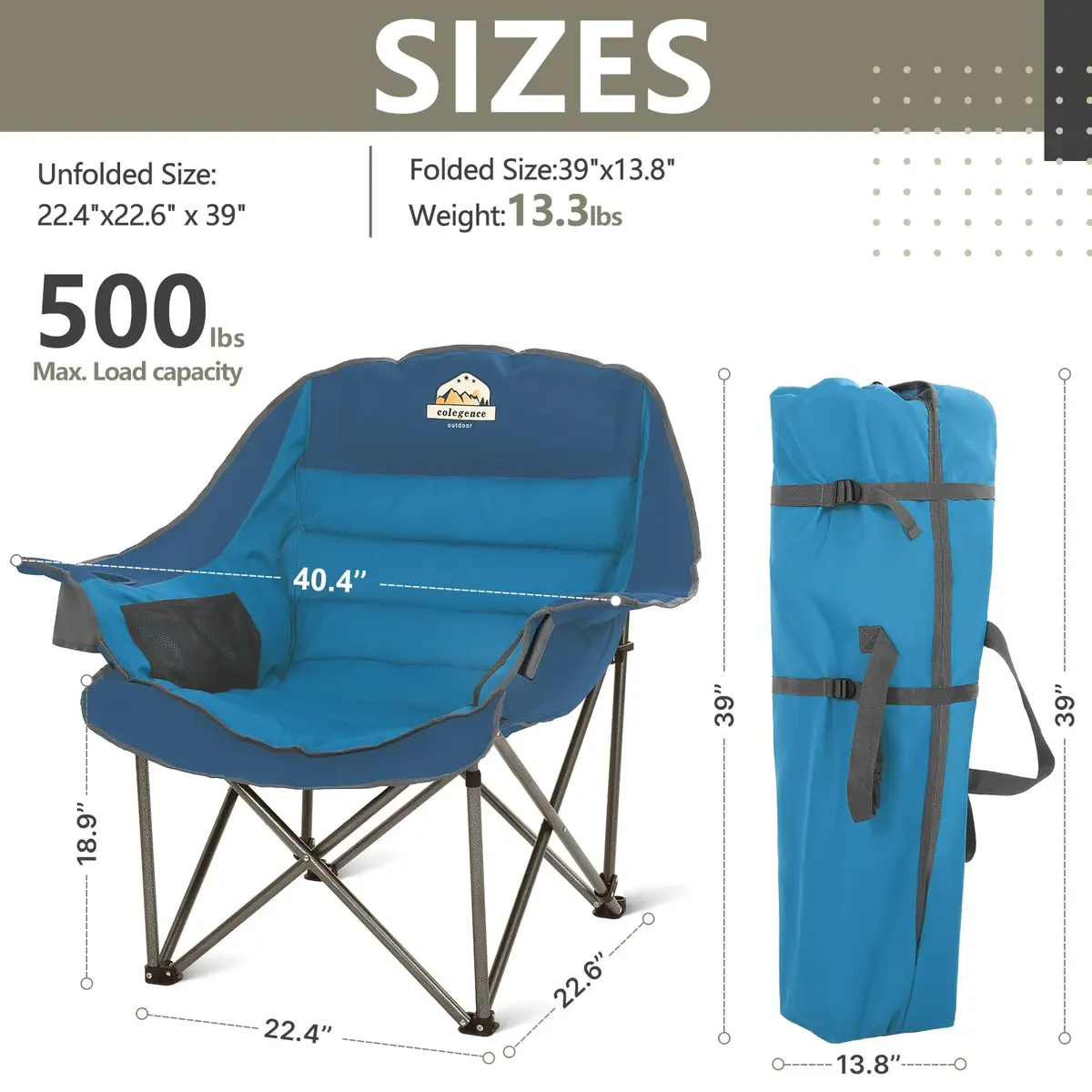 Colegence Oversized Camping Chair for Adults, Padded Lawn Chair 2 Pack | Supports 500 lbs, Weather-Resistant, Heavy Duty Support - view 3