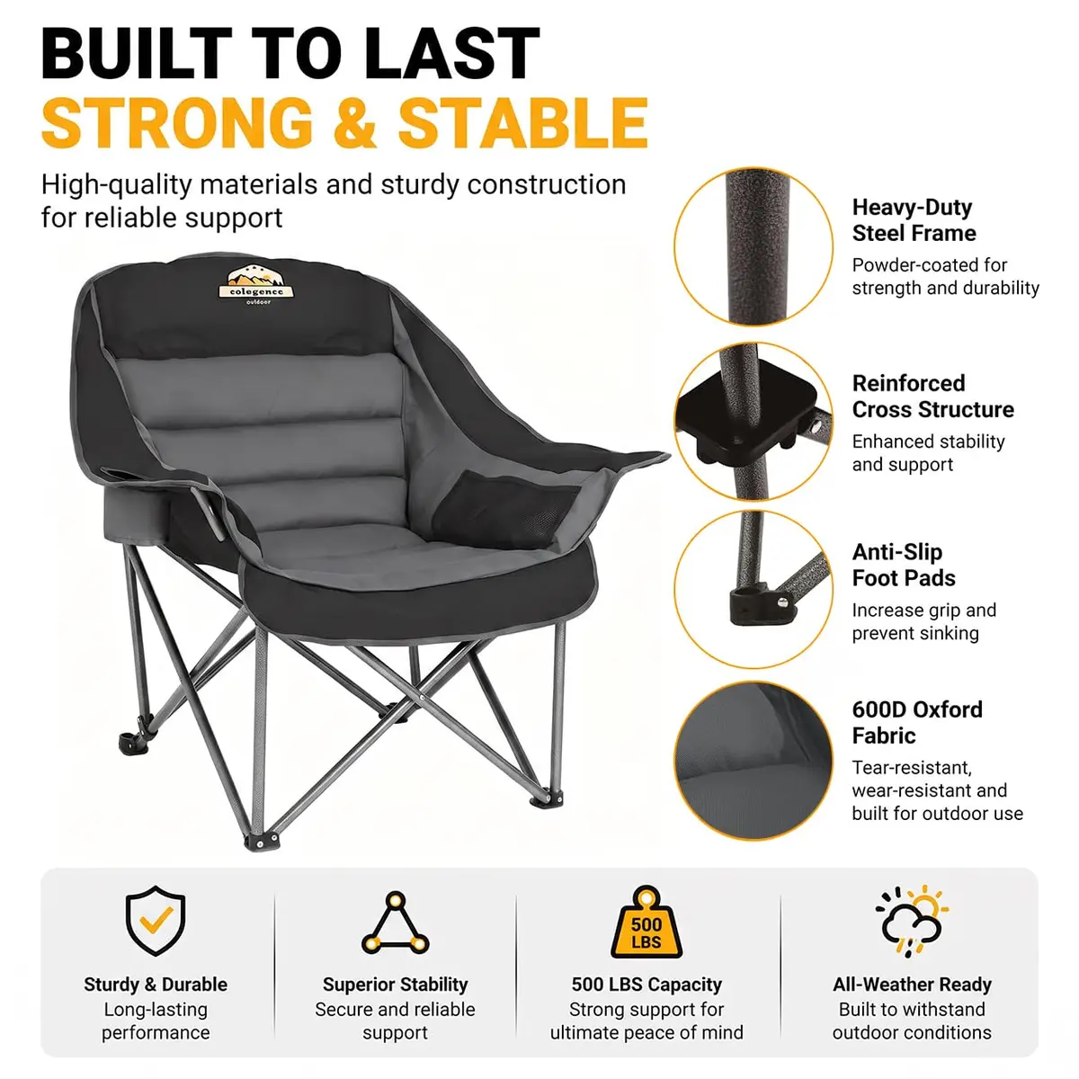 Colegence Oversized Camping Chair for Adults, Padded Lawn Chair 2 Pack | Supports 500 lbs, Weather-Resistant, Heavy Duty Comfort - view 5