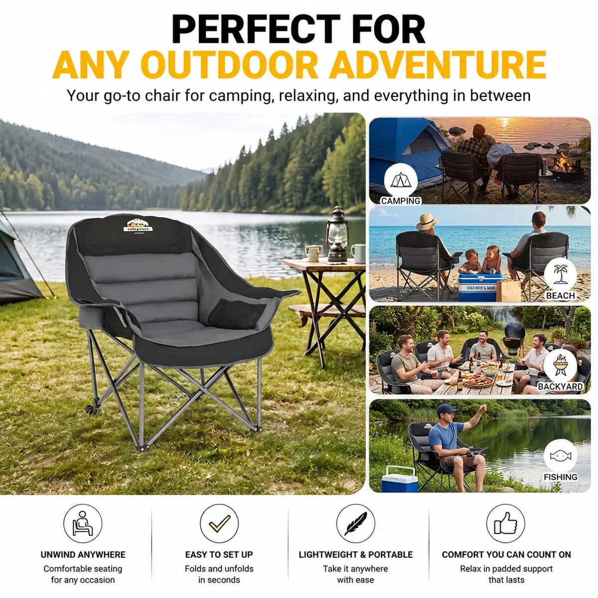 Colegence Oversized Camping Chair for Adults, Padded Lawn Chair 2 Pack | Supports 500 lbs, Weather-Resistant, Heavy Duty Comfort - view 7