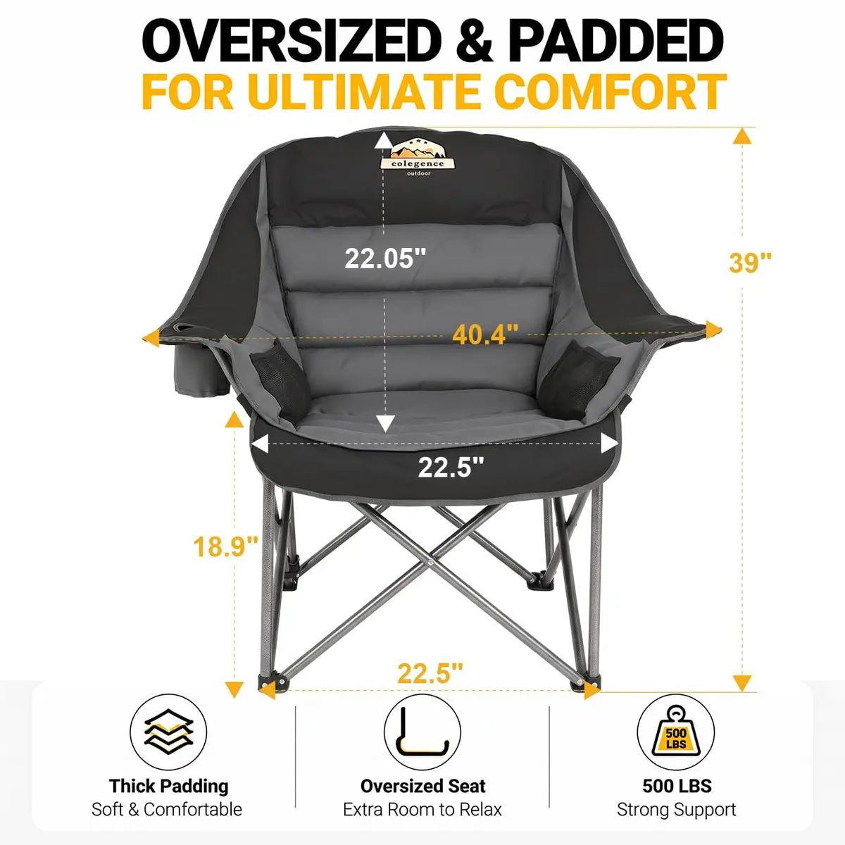 Colegence Oversized Camping Chair for Adults, Padded Lawn Chair 2 Pack | Supports 500 lbs, Weather-Resistant, Heavy Duty Comfort - view 3