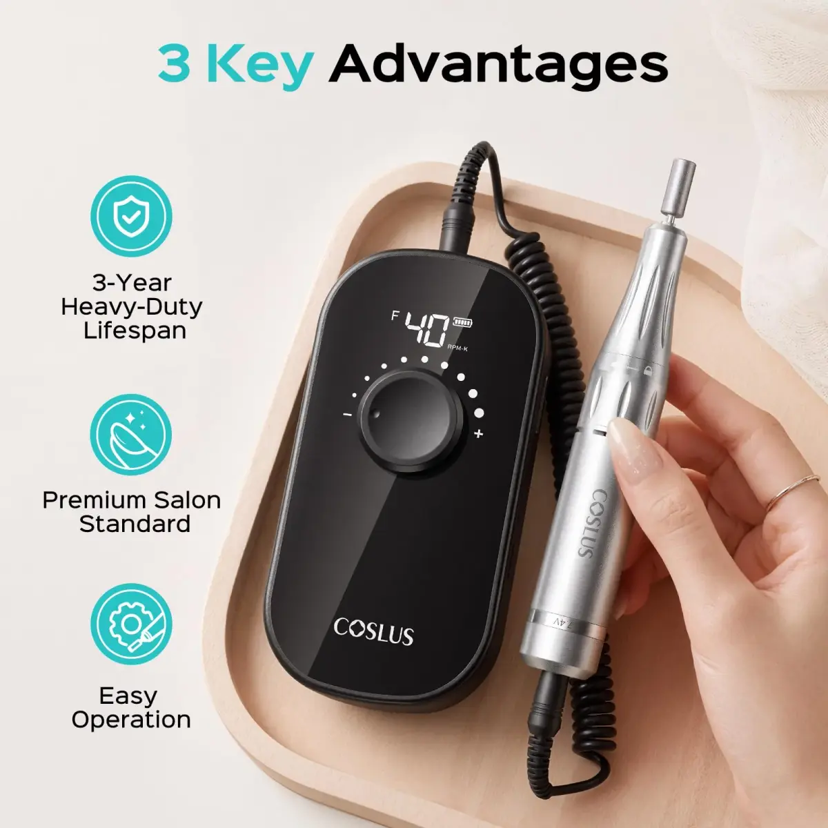 COSLUS E51 Professional Nail Drill Portable Electric Nail File with 40,000 RPM Motor & 12-Hour Battery | Rechargeable & Cordless for Salon & Home Use - view 2