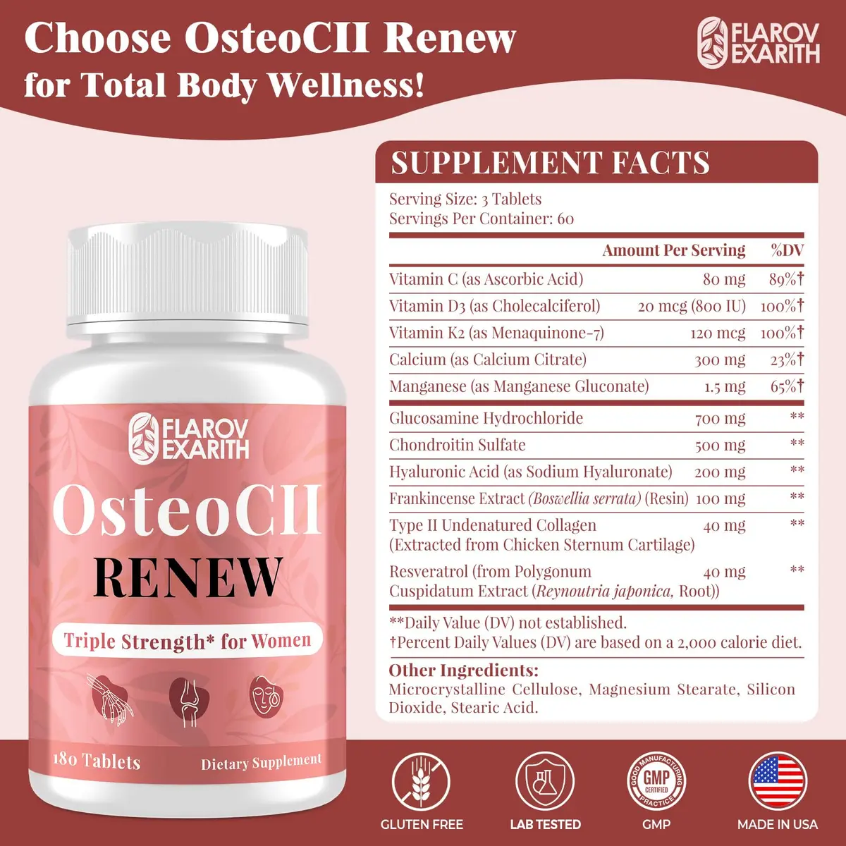 Flarovexarith OsteoCII Renew Triple Strength Joint Supplement for Women 180 Tablets | Collagen, Glucosamine, Chondroitin, Calcium, Vitamin D3 - view 2