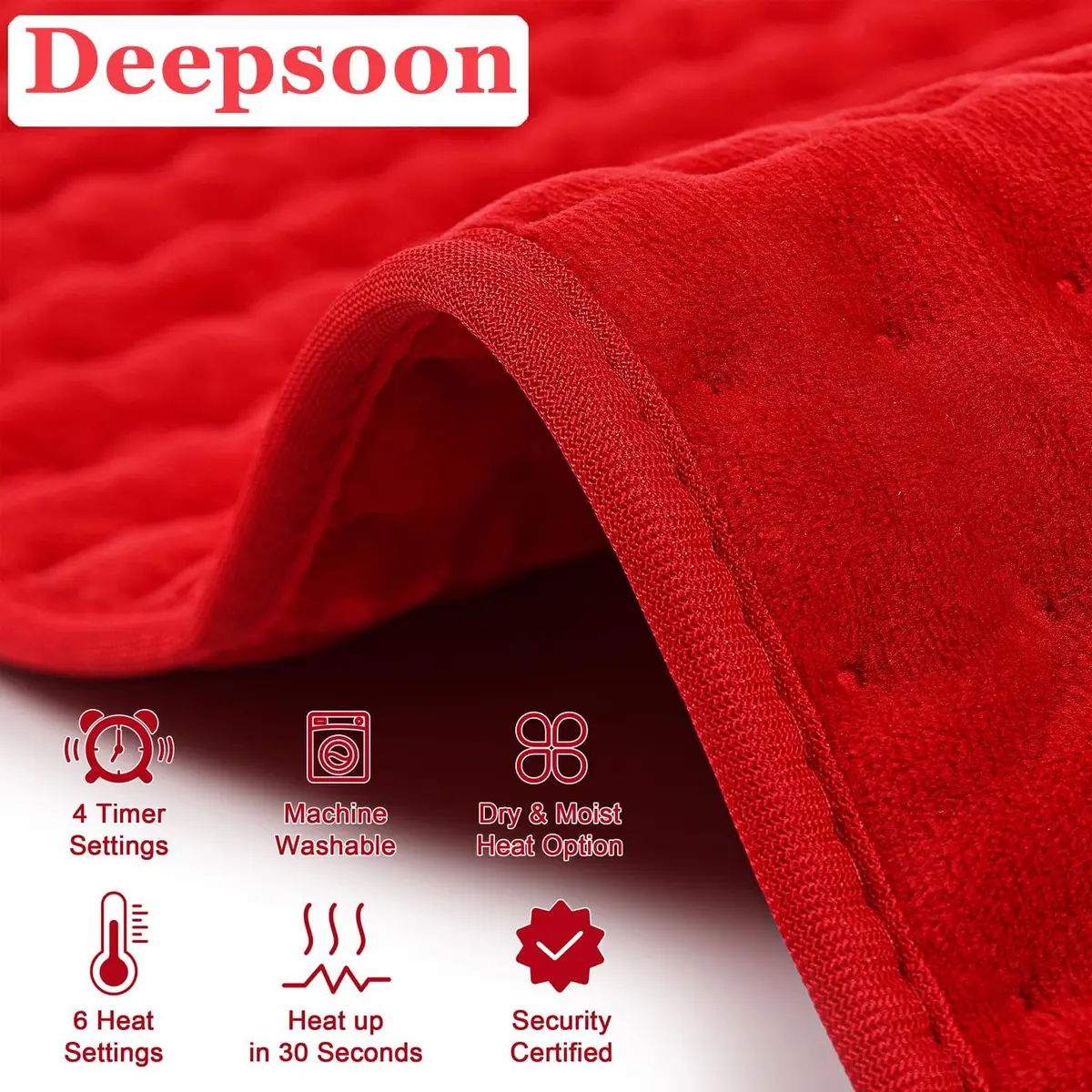 Deepsoon Electric Heating Pad 20x24 Inch Red | Soft Flannel, 6 Heat Settings, 2-Hour Auto Shut-Off - view 7