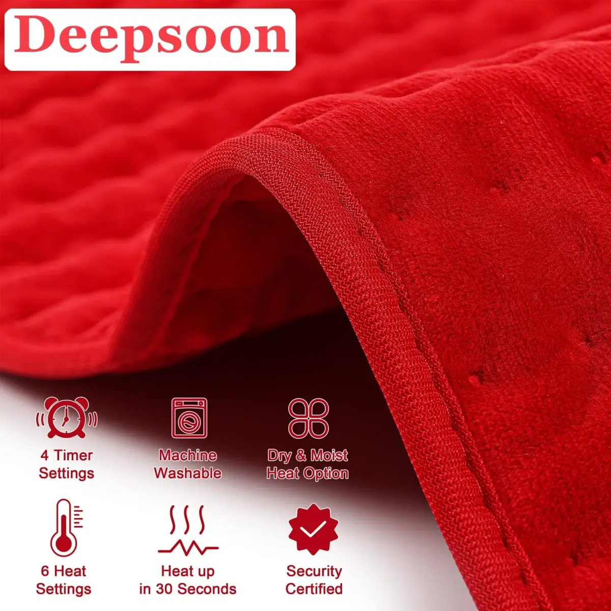 Deepsoon Red Electric Heating Pad for Back, Neck, Abdomen, Legs (24x20 Inch) | Fast Heat & Auto Shut Off - view 7