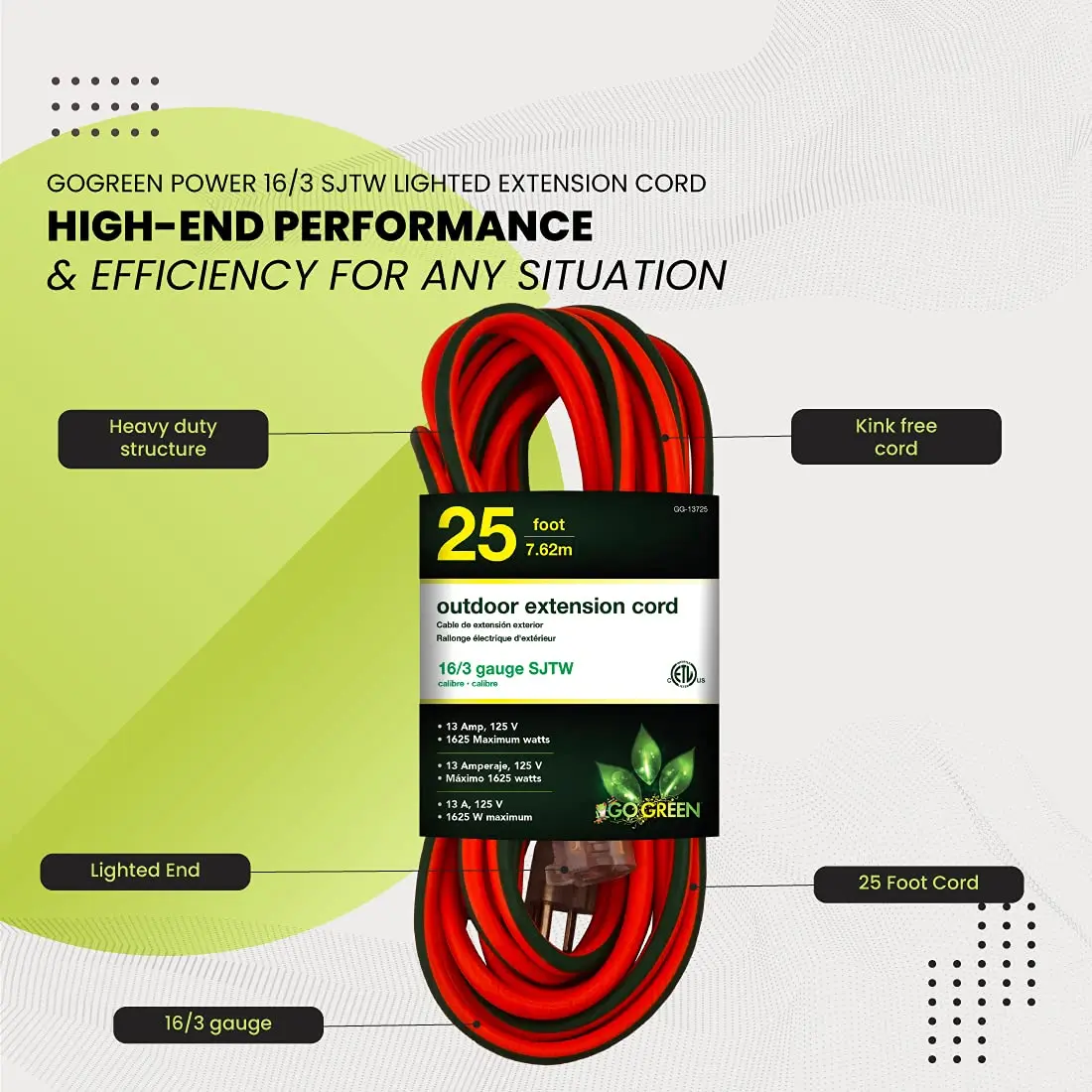 Power By GoGreen 16/3 25ft Outdoor Extension Cord with Lighted End - Contractor Grade, Moisture Resistant, 12-Pack | Heavy Duty Tools - view 5