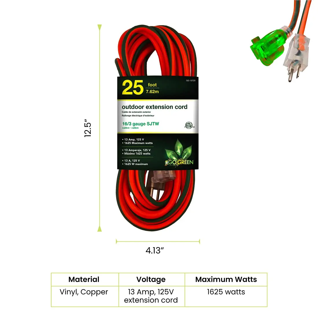 Power By GoGreen 16/3 25ft Outdoor Extension Cord with Lighted End - Contractor Grade, Moisture Resistant, 12-Pack | Heavy Duty Tools - view 2