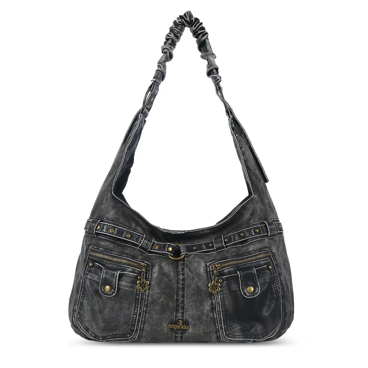 Angel Kiss Large Vegan Leather Hobo Shoulder Bag | Vintage Studded Design, 18" x 6" x 11" - main product image