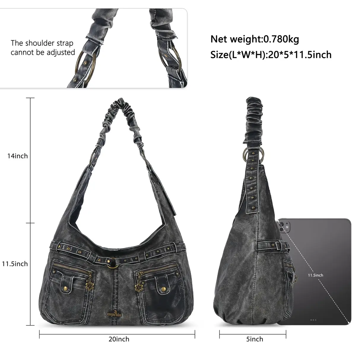 Angel Kiss Large Vegan Leather Hobo Shoulder Bag | Vintage Studded Design, 18" x 6" x 11" - view 6
