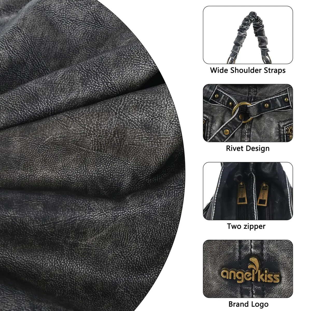 Angel Kiss Large Vegan Leather Hobo Shoulder Bag | Vintage Studded Design, 18" x 6" x 11" - view 7