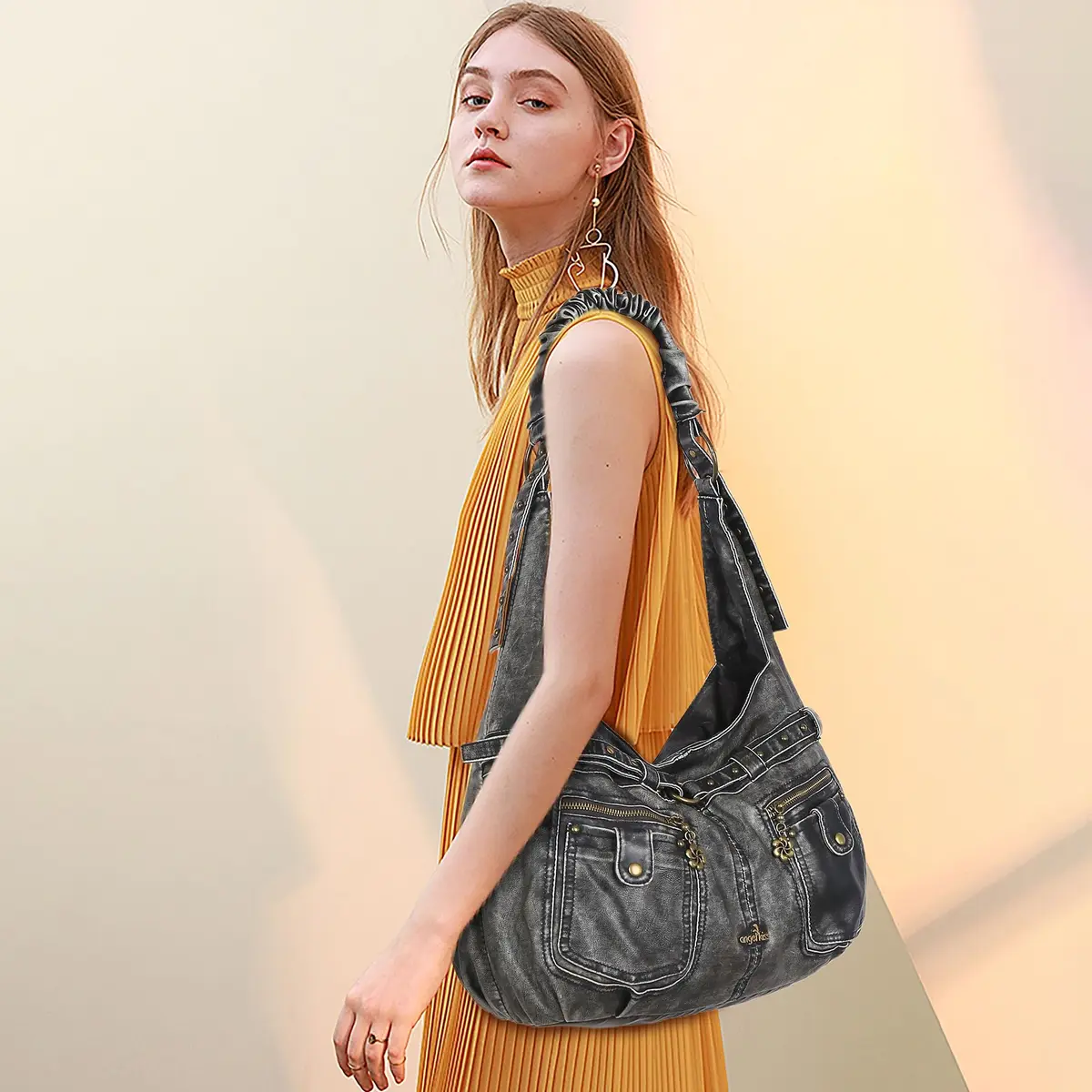 Angel Kiss Large Vegan Leather Hobo Shoulder Bag | Vintage Studded Design, 18" x 6" x 11" - view 2
