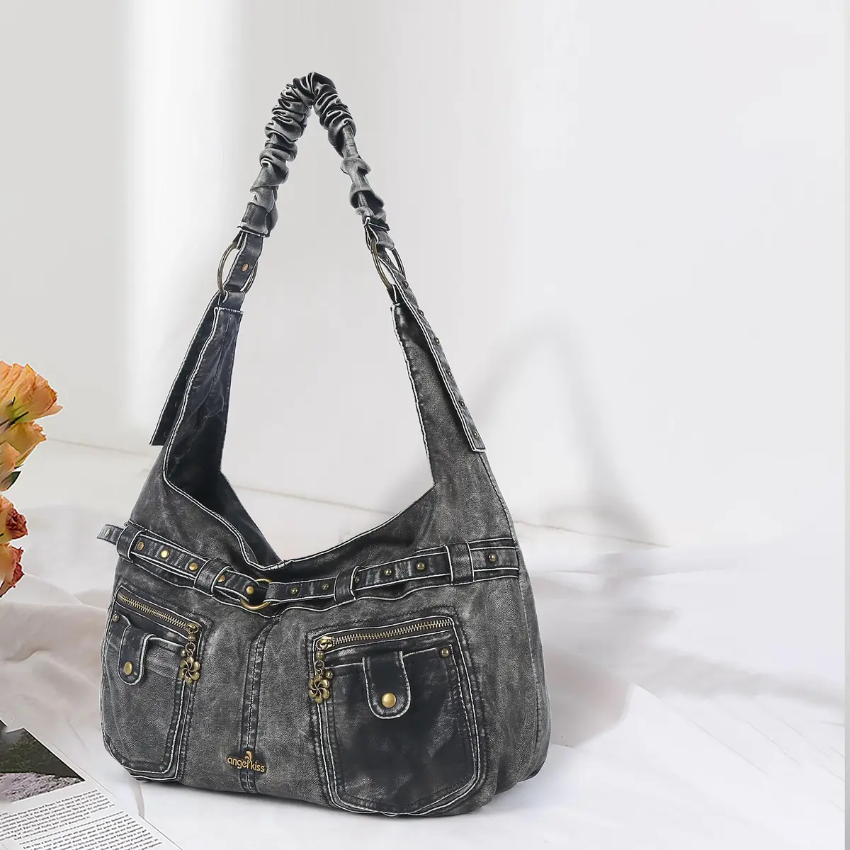 Angel Kiss Large Vegan Leather Hobo Shoulder Bag | Vintage Studded Design, 18" x 6" x 11" - view 3