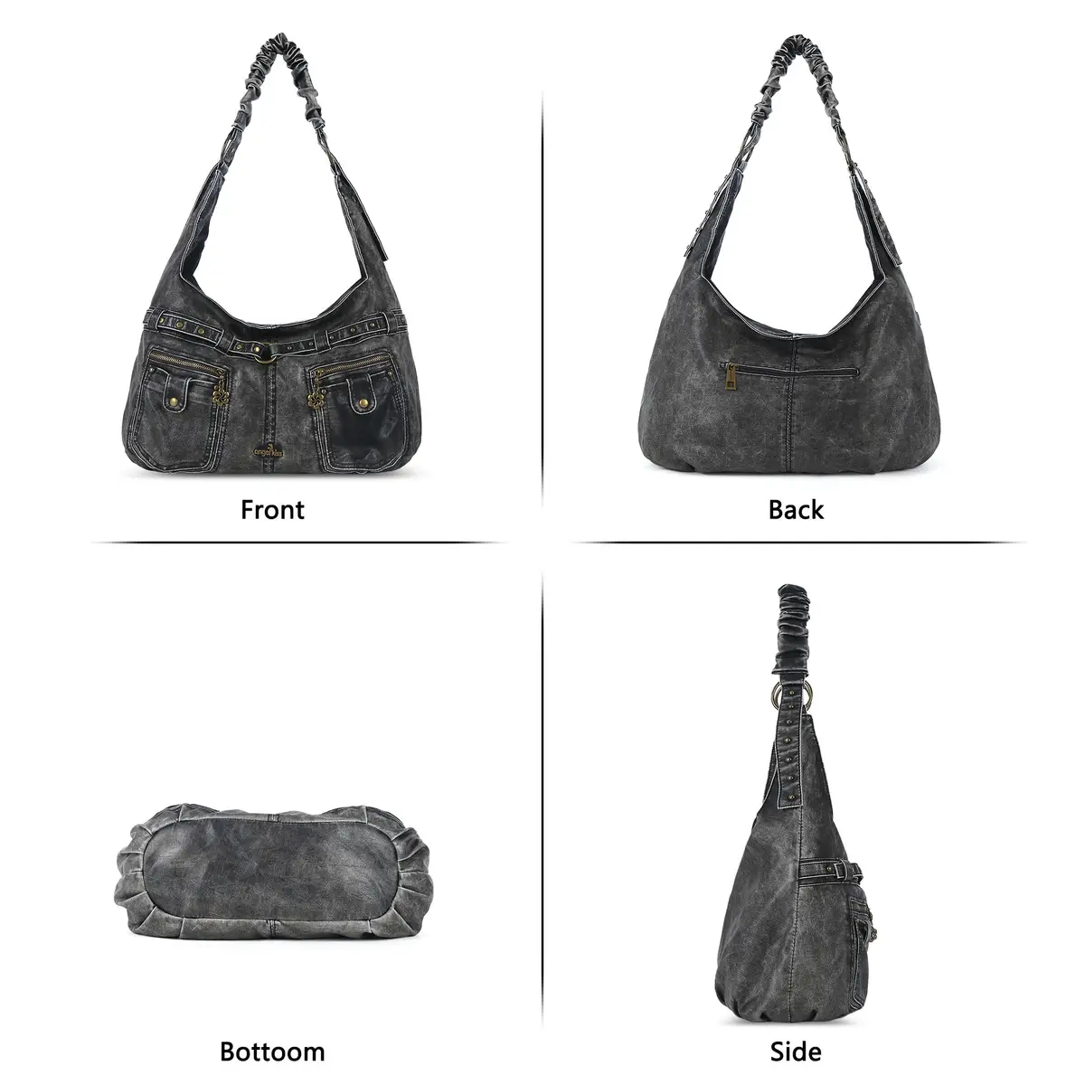 Angel Kiss Large Vegan Leather Hobo Shoulder Bag | Vintage Studded Design, 18" x 6" x 11" - view 4