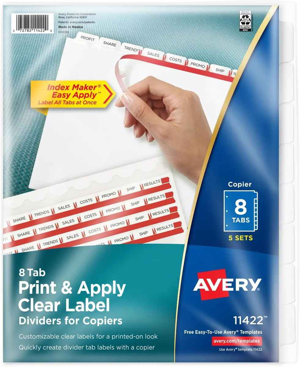 Avery 8 Tab Dividers for 3 Ring Binder, Easy Print & Apply Clear Label Strip, 5 Sets (Pack of 10) | Customizable White Tabs for Copiers - main product image