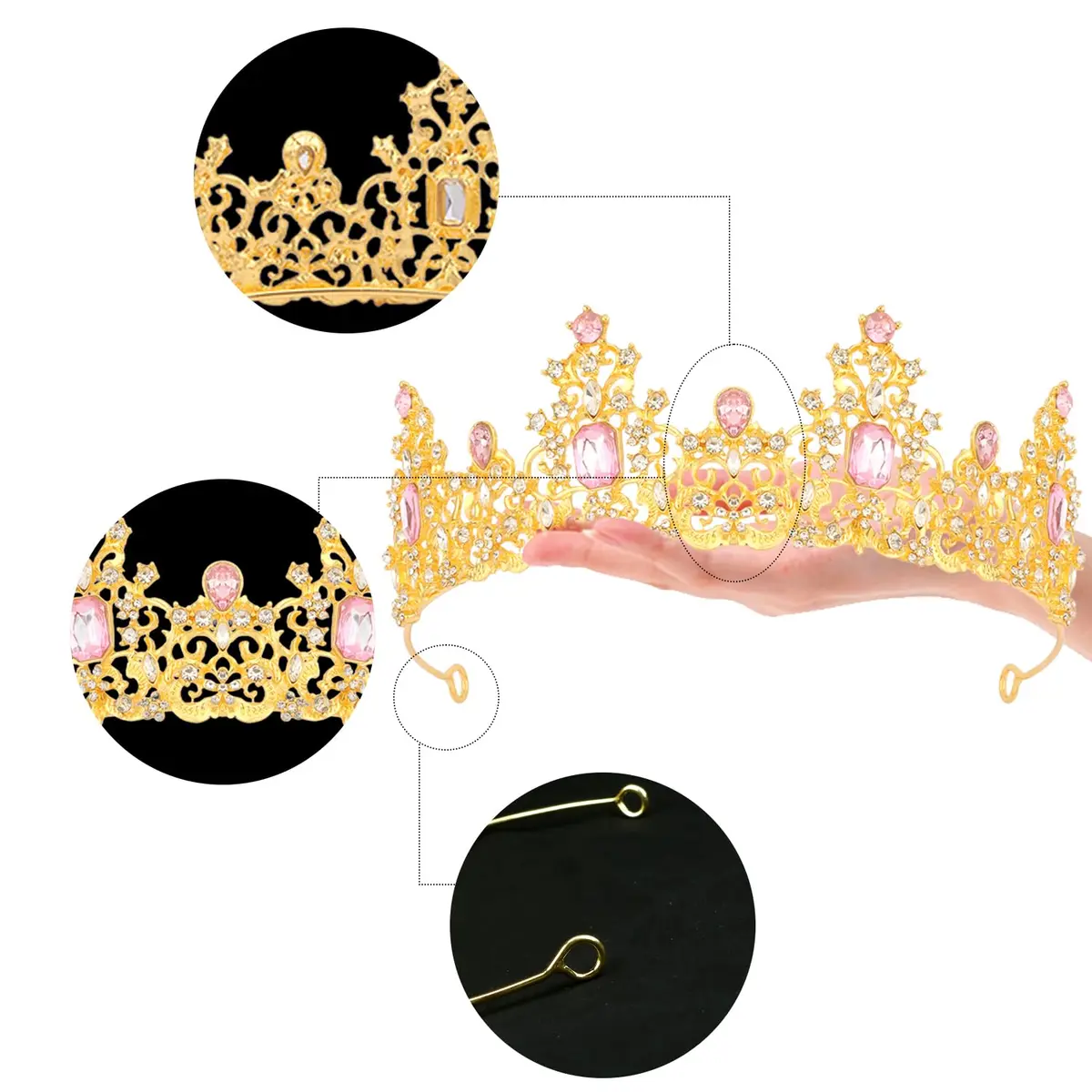 Didder Pink Gold Princess Crown Birthday Tiara for Women & Girls | Adjustable Renaissance Style Accessory - view 6