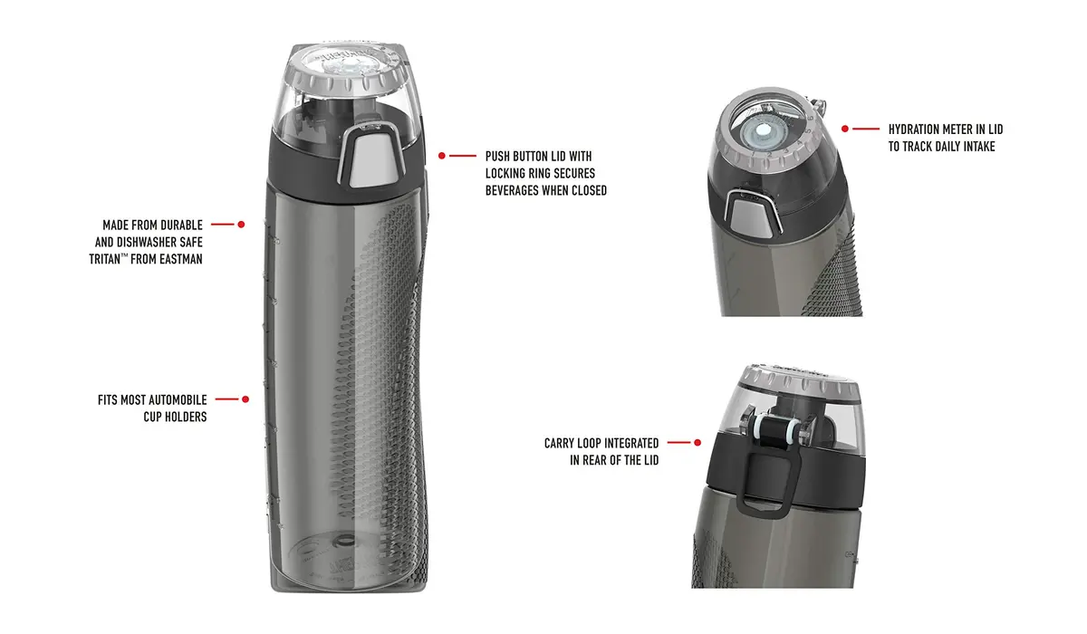 THERMOS Tritan Water Bottle 24-Ounce (710ml) | Hydration Meter | Leak-Proof Lid | Push Button Sipper | Smoke, Pack of 6 - view 7