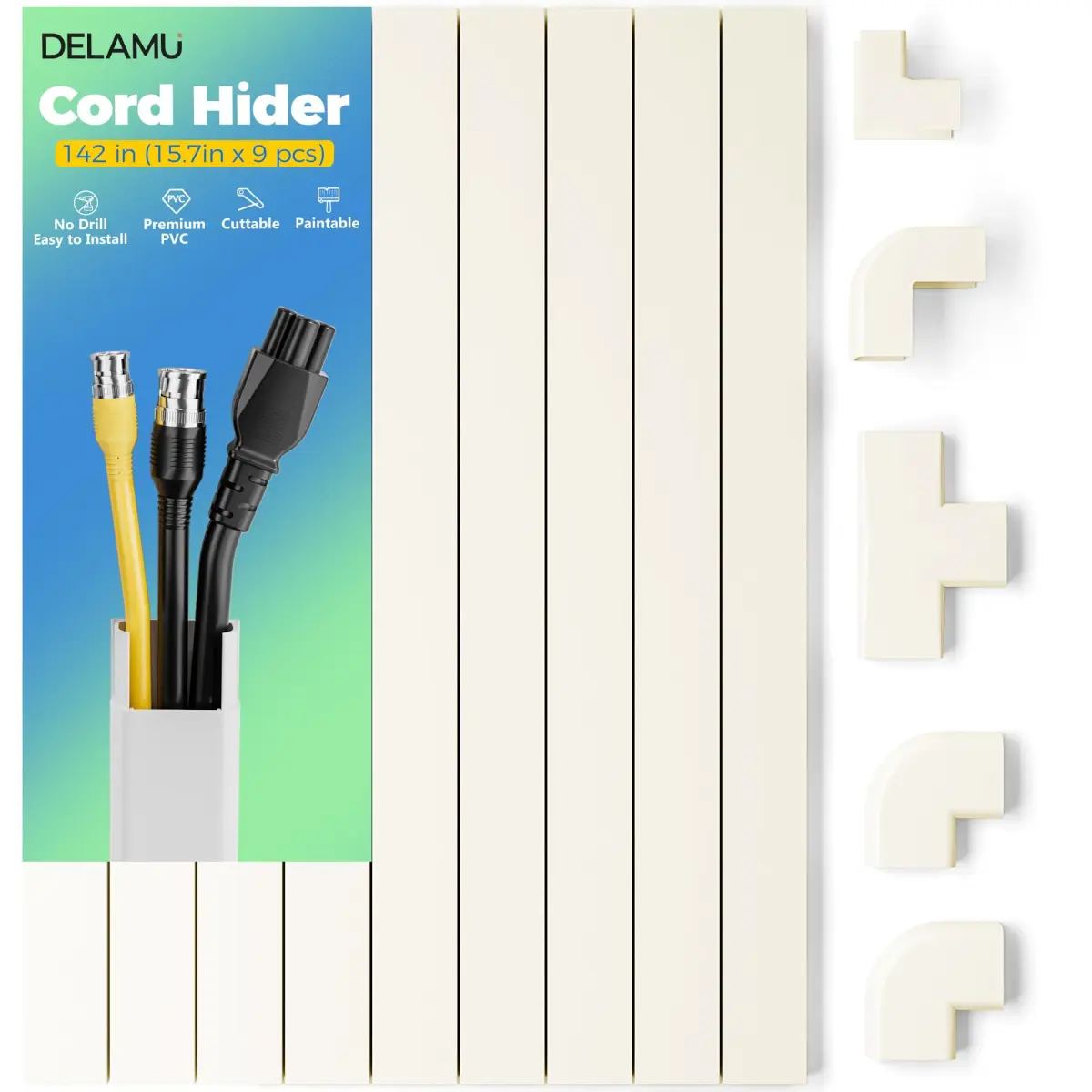 Delamu 142in Beige Cable Raceway Kit | UL94 V-0 Rated for 2-3 Wires on Wall - main product image