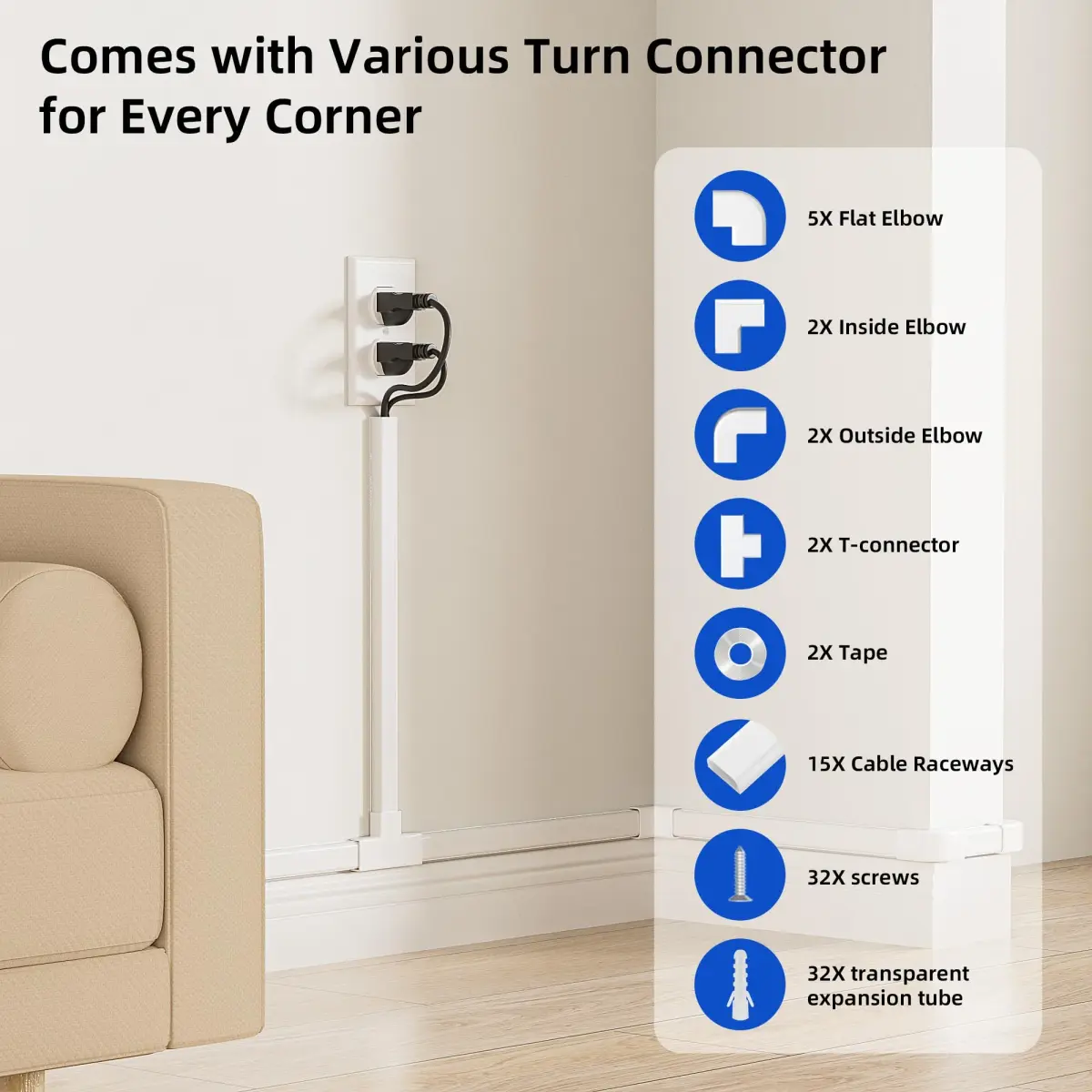 Delamu White Cord Hider Raceway 600cm (236in) | Paintable Cable Management for 2-3 Wires - view 3