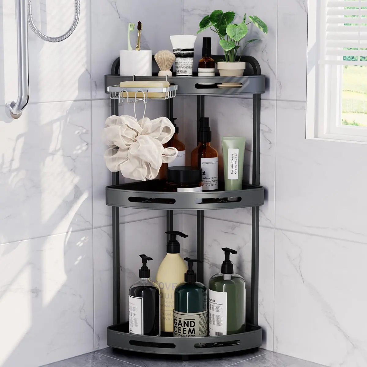 Binecer Corner Shower Caddy 3 Tier Grey | Rustproof Aluminium Bathroom Organizer - main product image
