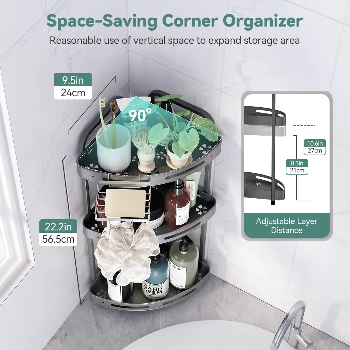 Binecer Corner Shower Caddy 3 Tier Grey | Rustproof Aluminium Bathroom Organizer - view 5