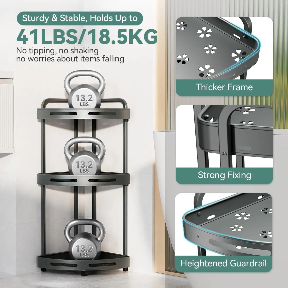 Binecer Corner Shower Caddy 3 Tier Grey | Rustproof Aluminium Bathroom Organizer - view 6